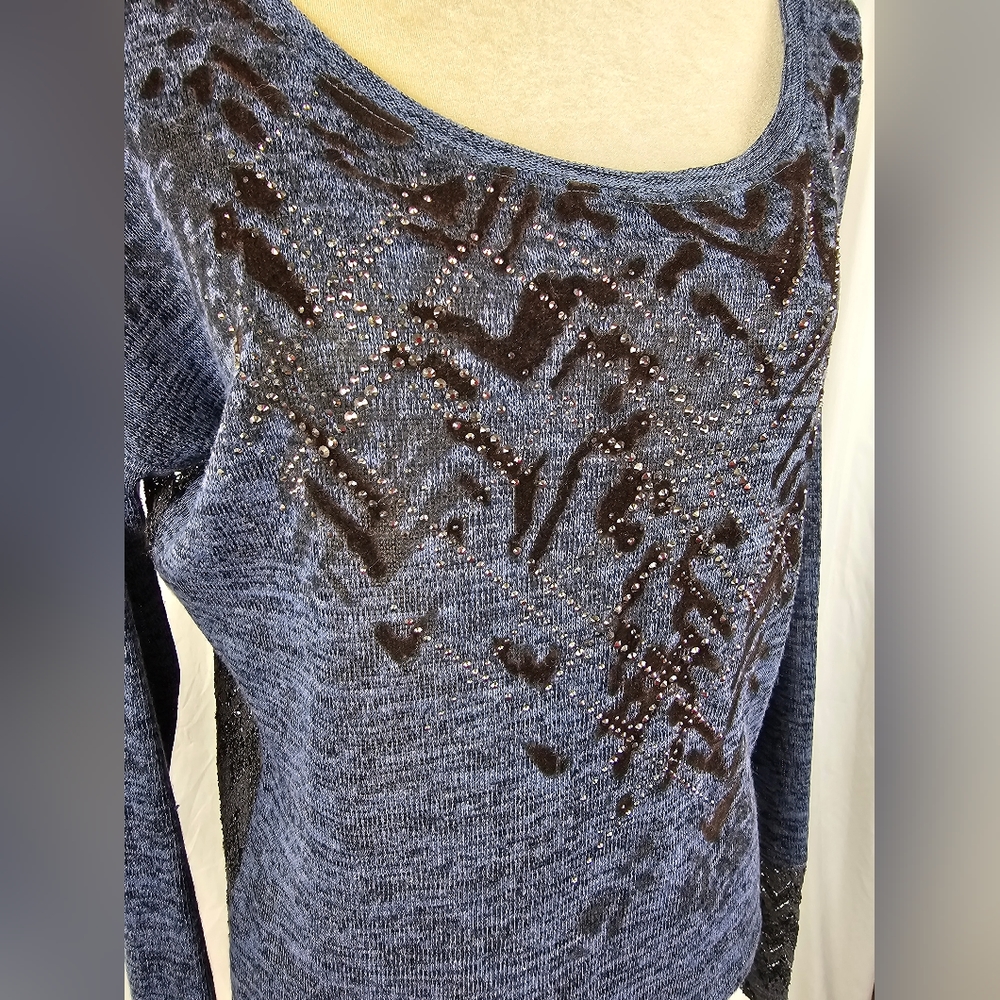 Miss Me Studded Velvet Embossed Lace Back Knit Boho Tunic Top sz Medium - Picture 3 of 9
